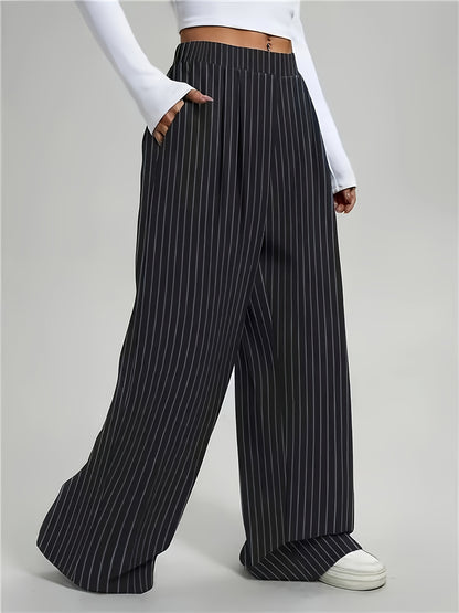Effortless Black Pinstripe Wide Leg Pants for Women with High Waist Pleated Relaxed Tailored Style