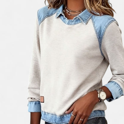 Comfortable Denim Trim Sweatshirt for Women with Layered Collar Long Sleeve Colorblock Casual Style