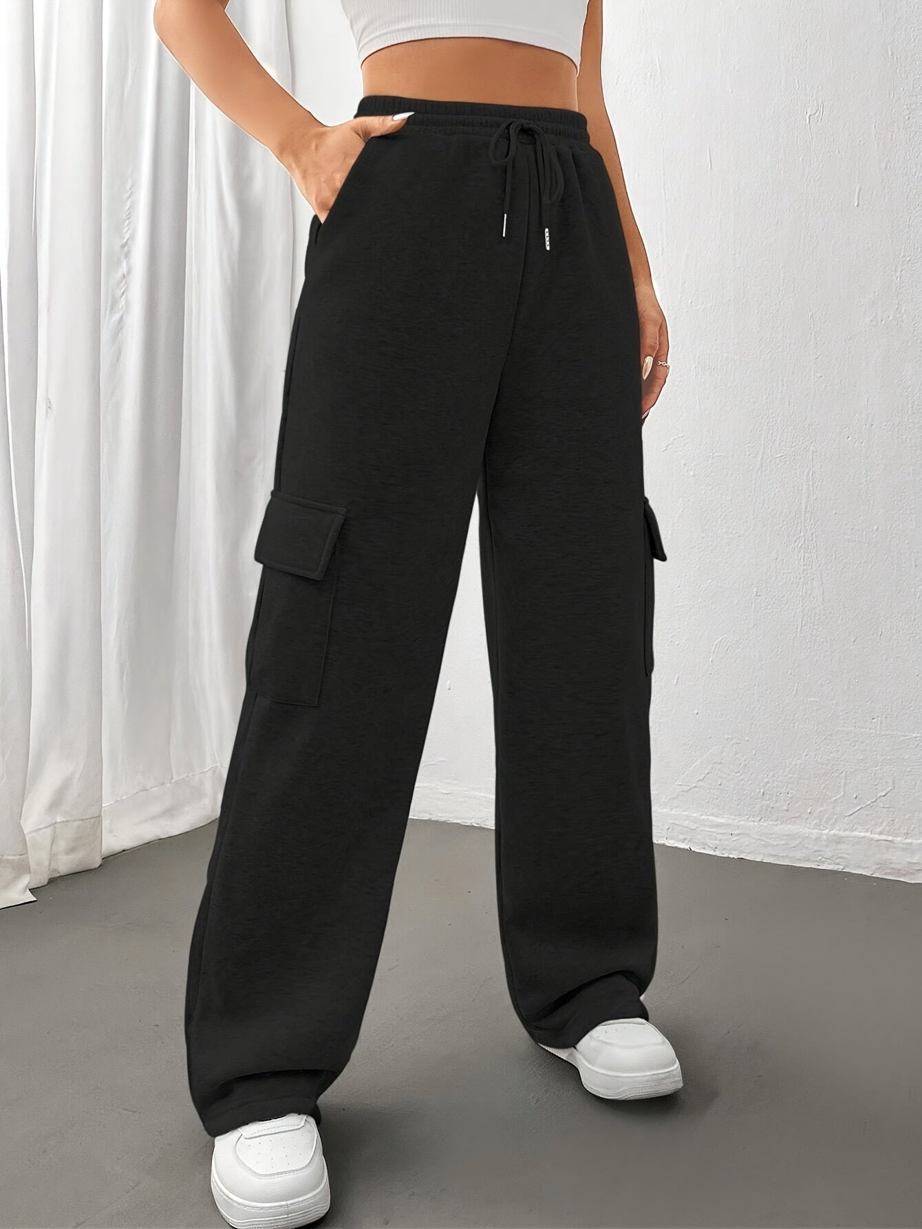 Comfortable Black Cargo Sweatpants for Women with High Waist Drawstring Flap Pocket Wide Leg Relaxed Style