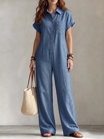 Women'S Summer Short Sleeve Jumpsuit, Collared Single-Row Button Loose Straight Style, Casual Cargo Overalls, Loose Straight Drape Long Pants, Daily Commute Casual All-Match Fashion Comfortable