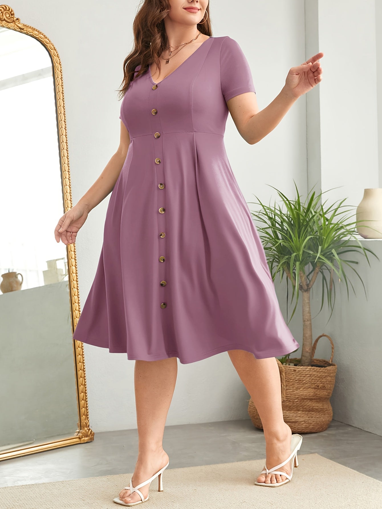 Plus Size - Plus Size - Plus Size Women'S Buttoned V-Neck Waist Dress