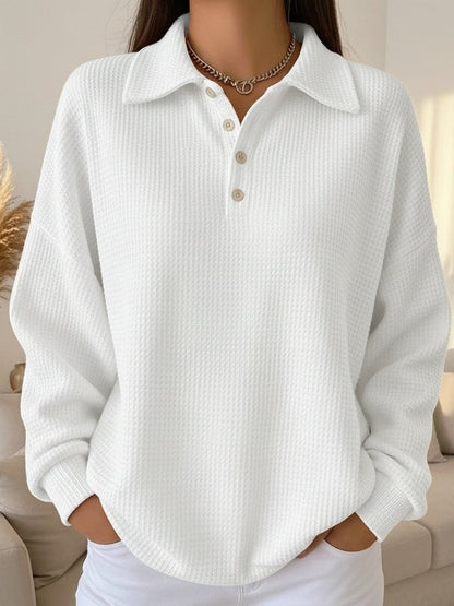Effortless Waffle Knit Polo Sweater for Women with Collar Long Sleeve Button Placket Oversized Style