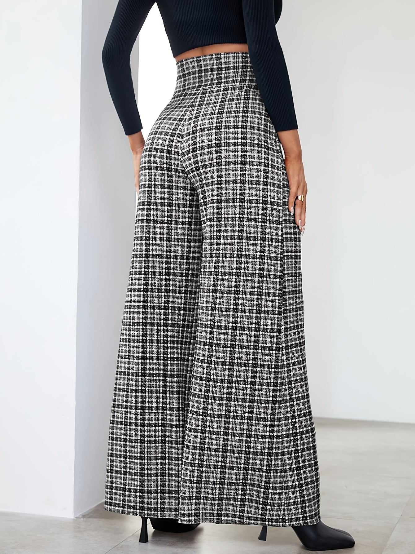 Elegant Plaid Tweed Wide Leg Pants for Women with High Waist Button Front Pleated Relaxed Style