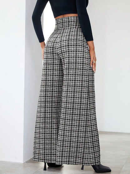 Elegant Plaid Tweed Wide Leg Pants for Women with High Waist Button Front Pleated Relaxed Style