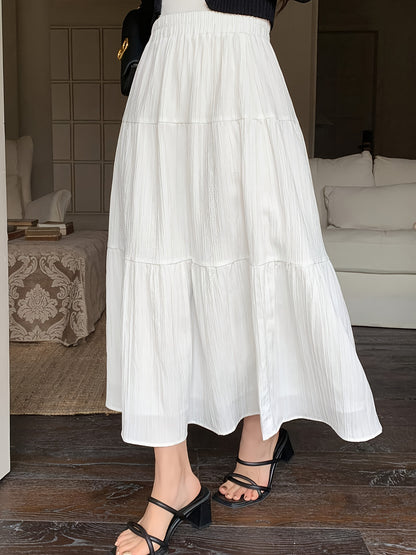Elegant White Tiered Maxi Skirt for Women with High Waist Elastic A Line Flowing Style