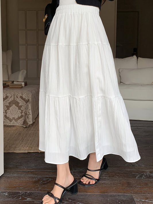 Elegant White Tiered Maxi Skirt for Women with High Waist Elastic A Line Flowing Style
