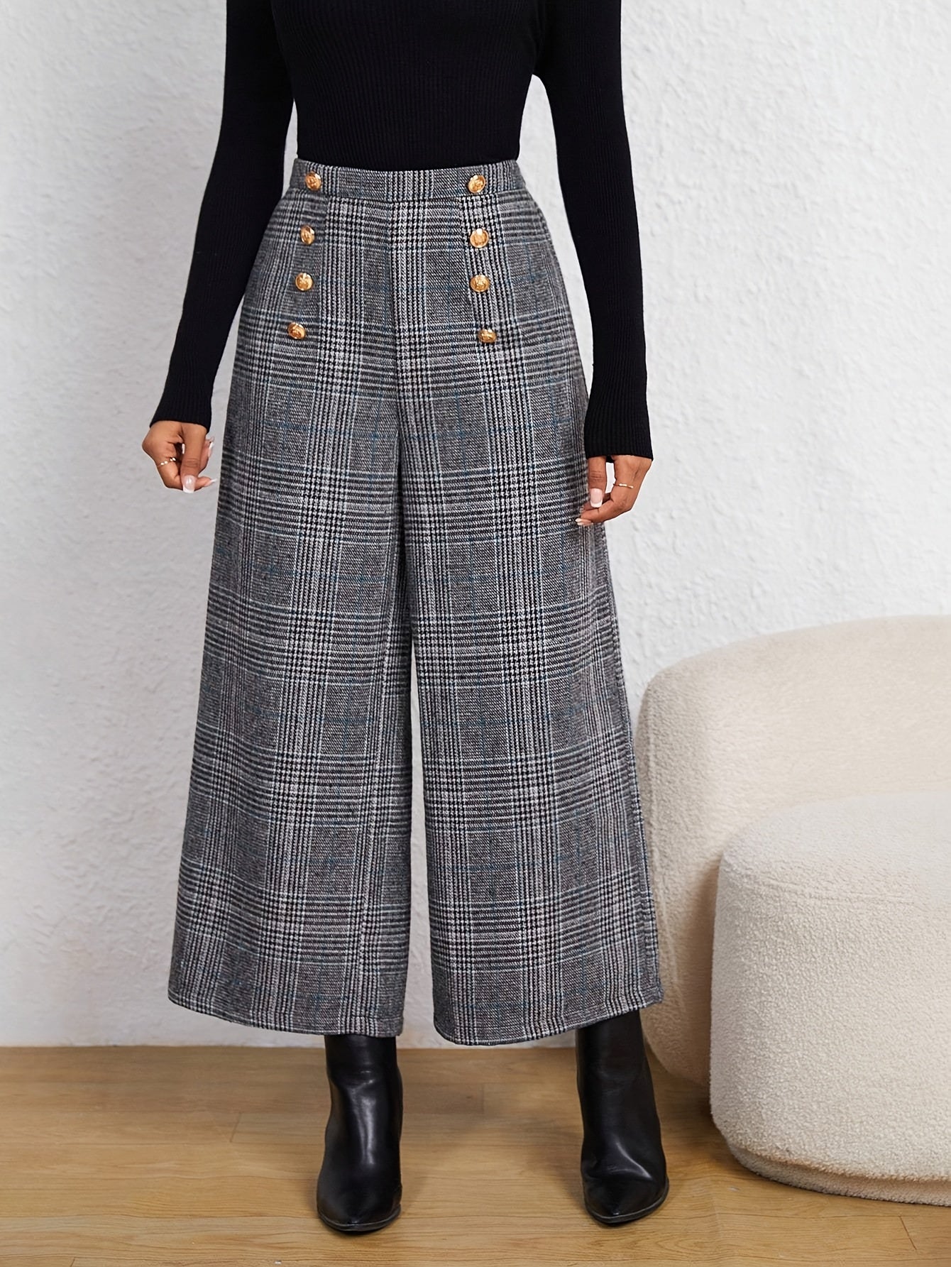 Elegant Grey Plaid Wide Leg Pants for Women with High Waist Button Front Tailored Style
