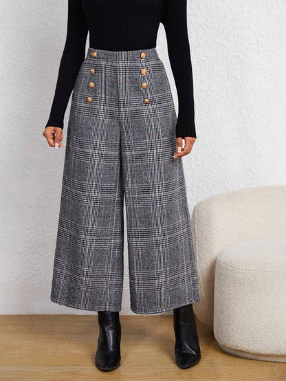 Elegant Grey Plaid Wide Leg Pants for Women with High Waist Button Front Tailored Style