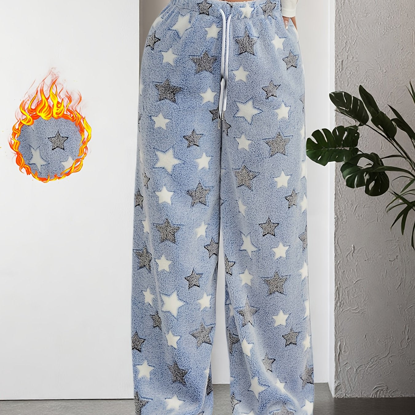 Women'S Autumn Winter Fleece Thickened Star Pattern Belt Drawstring Wide-Leg Long Pants Suitable for Outdoor Indoor Casual Plush Trousers Pants