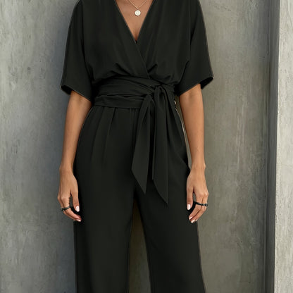 Solid Color Casual Elegant Commuter Women's V-Neck Adjustable Belt Tie Fashion Long Pants Jumpsuit