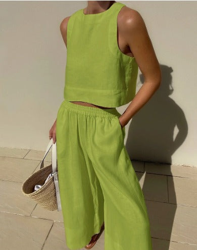 Effortless Linen Wide Leg Set for Women with Square Neck Sleeveless Cropped Two Piece Style