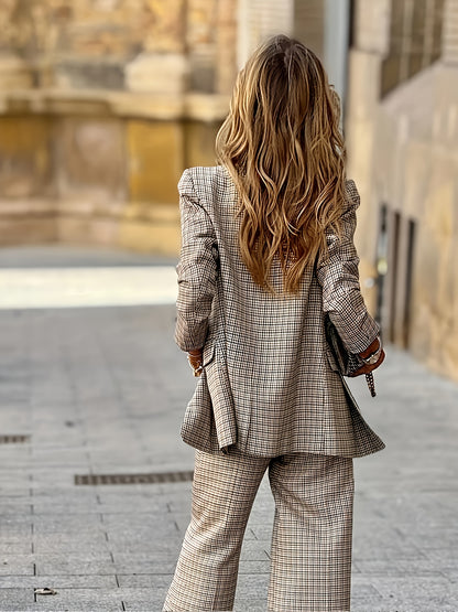 Elegant Plaid Two Piece Set for Women with Lapel Collar Double Breasted Blazer Wide Leg Pant Formal Style