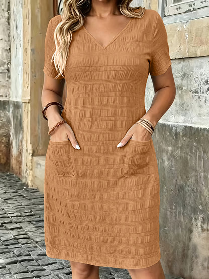 Plus Size Women'S Solid V-Neck Short Sleeve Dress, Pocket Style Summer Casual Dress