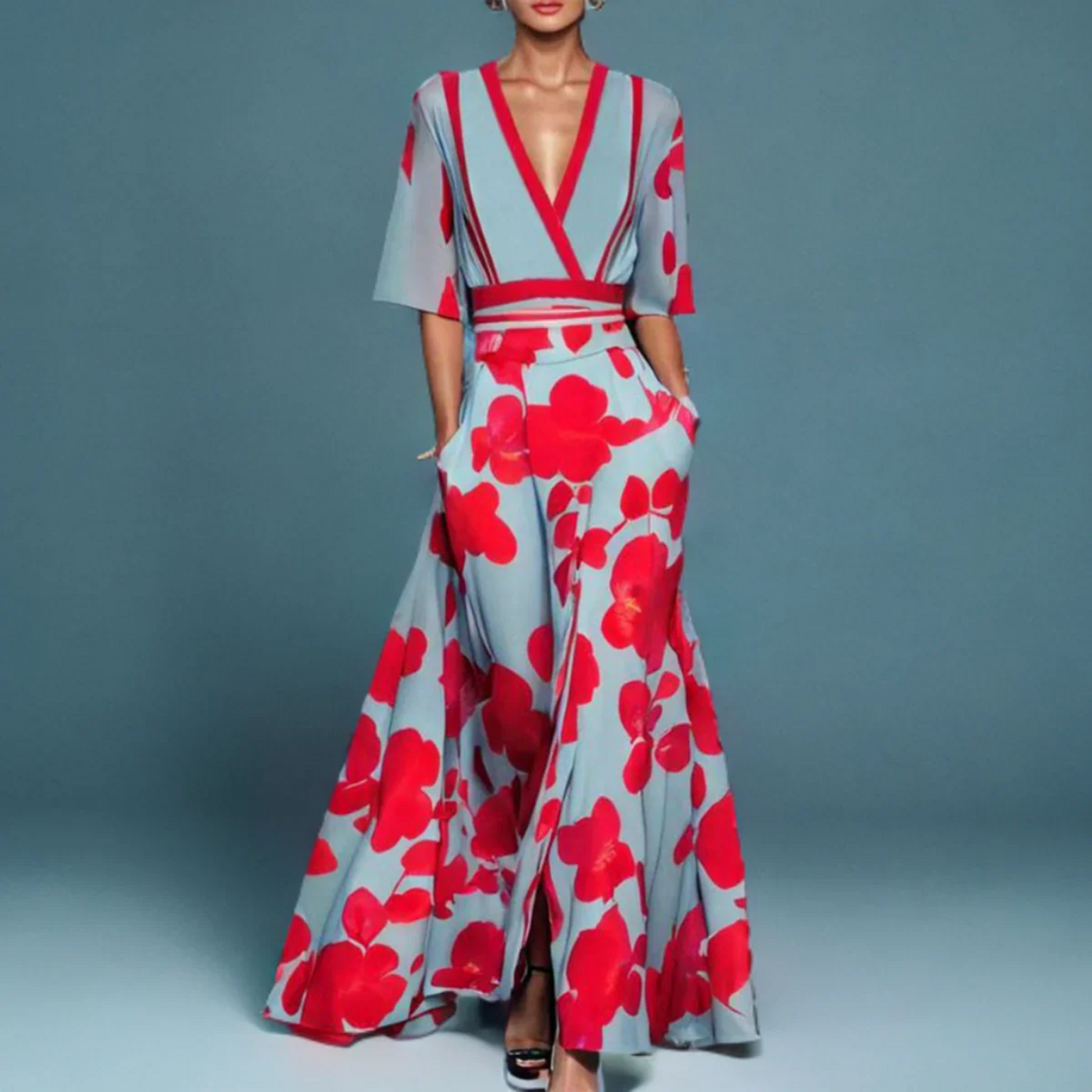 Elegant Blue Floral Jumpsuit for Women with Wrap V Neck Elbow Sleeve Wide Leg Belted Style