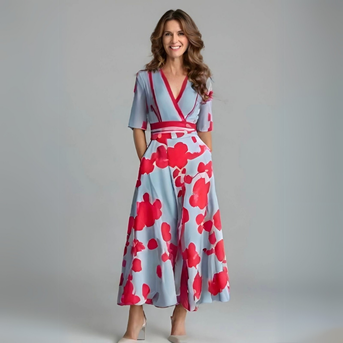Elegant Blue Floral Jumpsuit for Women with Wrap V Neck Elbow Sleeve Wide Leg Belted Style