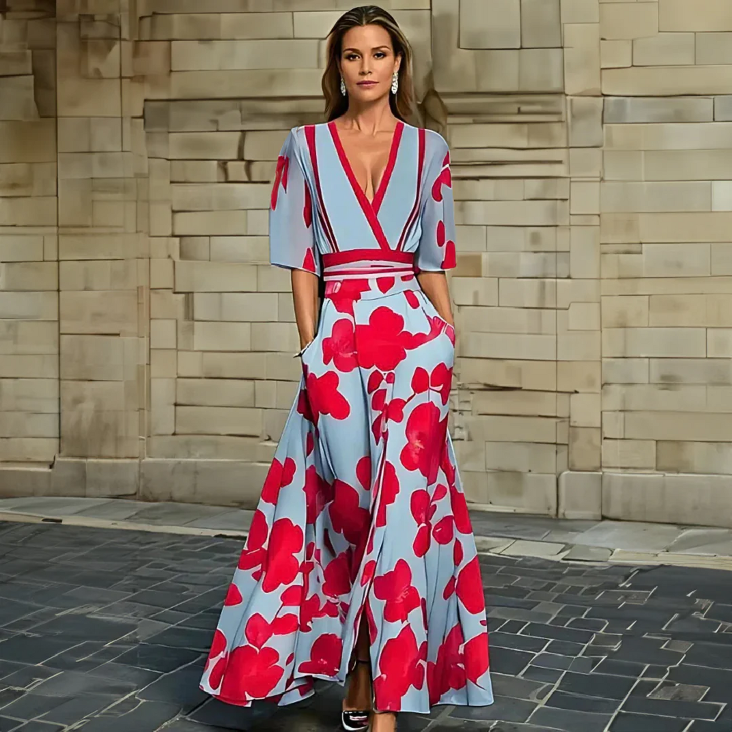 Elegant Blue Floral Jumpsuit for Women with Wrap V Neck Elbow Sleeve Wide Leg Belted Style