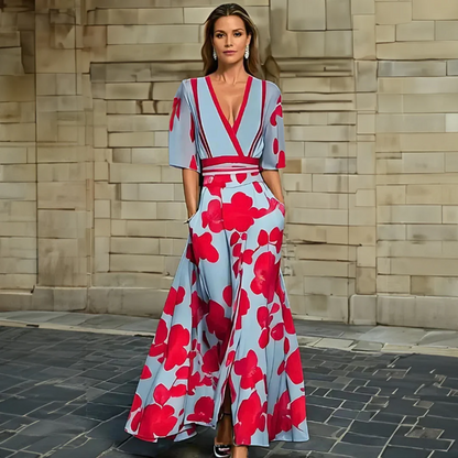 Elegant Blue Floral Jumpsuit for Women with Wrap V Neck Elbow Sleeve Wide Leg Belted Style