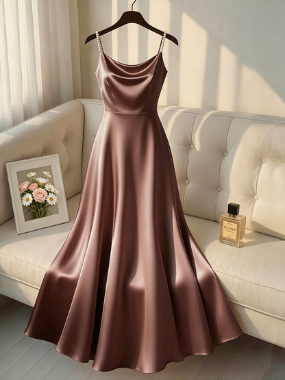 Elegant Satin Maxi Dress for Women with Cowl Neck Pearl Strap Flowing Formal Wedding Guest Style