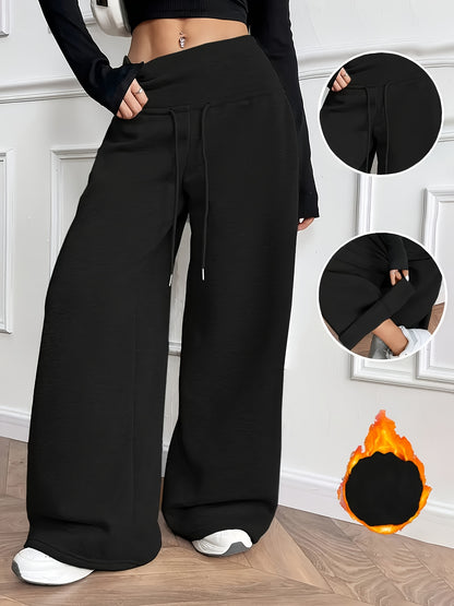 Women'S Fall Winter Solid Color Fleece Wide Leg Pants Elastic Drawstring Loose Trousers