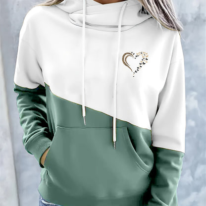Women's Fashion Color Block Heart Pattern Casual Hooded Sweatshirt