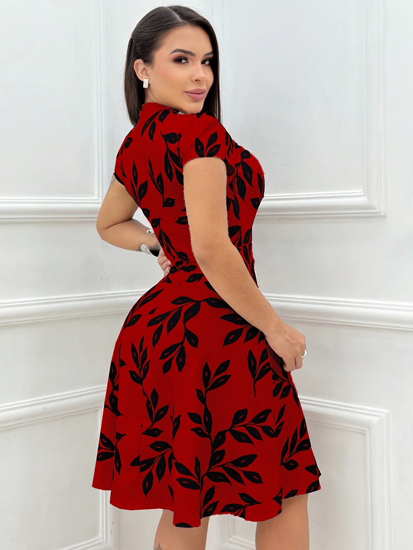 Elegant Leaf Print Fit and Flare Dress for Women with Keyhole Mock Neck Cap Sleeve Flowing Style