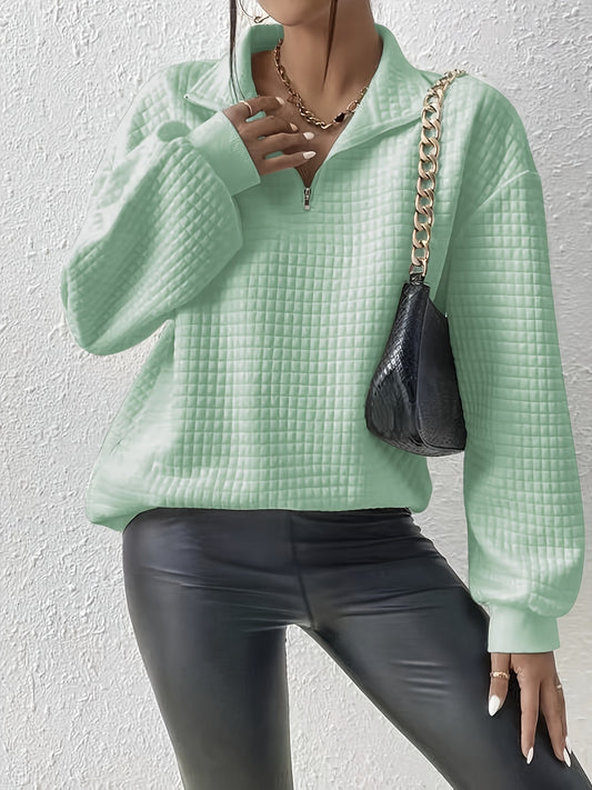 Comfortable and Loose Waffle Solid Standing Neck Zipper Long Sleeve Panel Women's Sweater