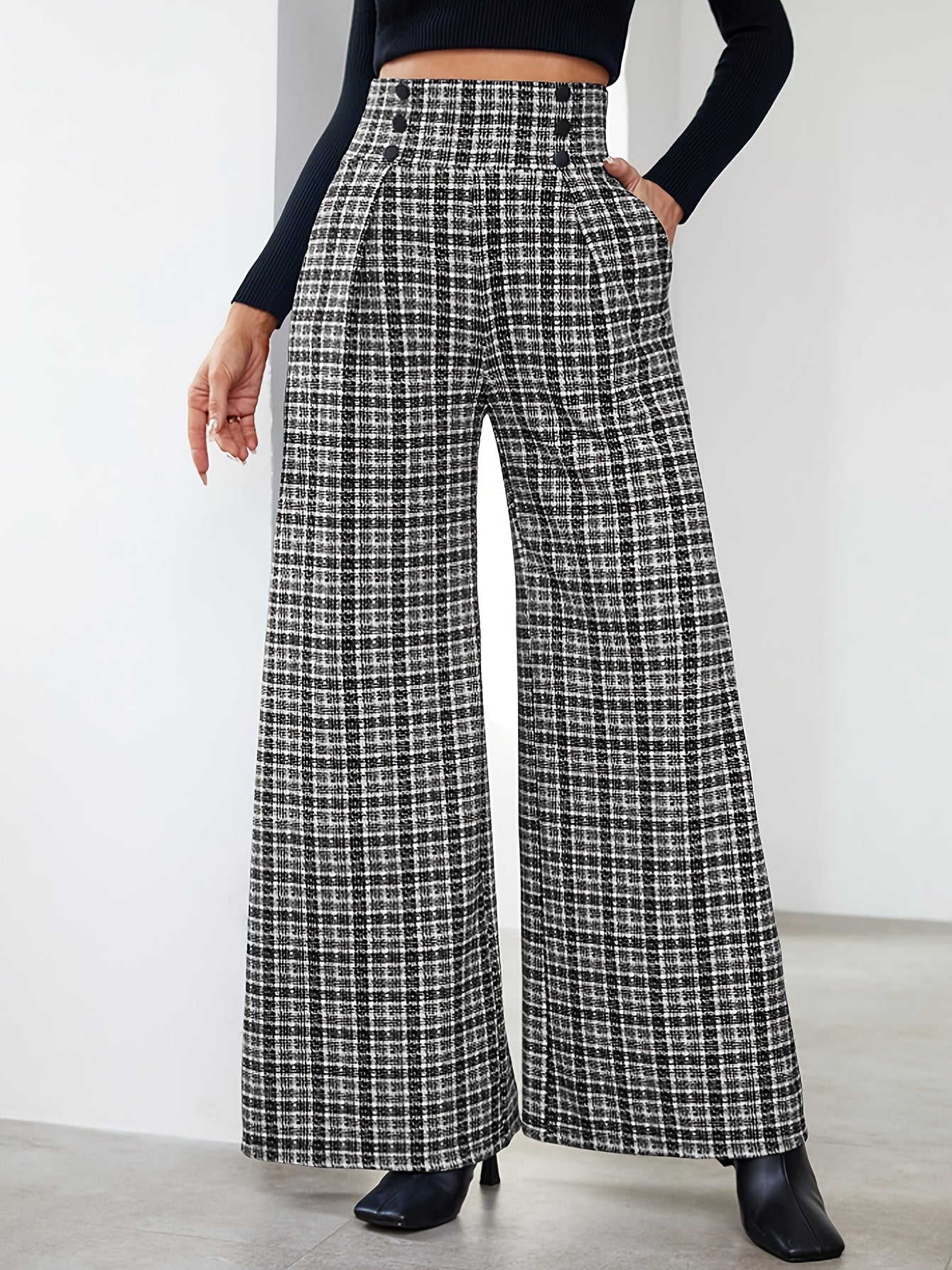 Elegant Plaid Tweed Wide Leg Pants for Women with High Waist Button Front Pleated Relaxed Style