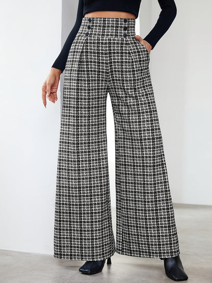 Elegant Plaid Tweed Wide Leg Pants for Women with High Waist Button Front Pleated Relaxed Style