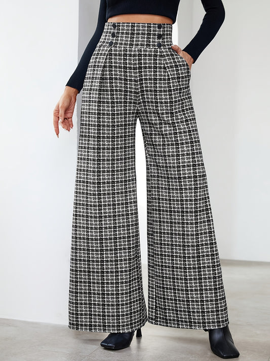 Elegant Plaid Tweed Wide Leg Pants for Women with High Waist Button Front Pleated Relaxed Style
