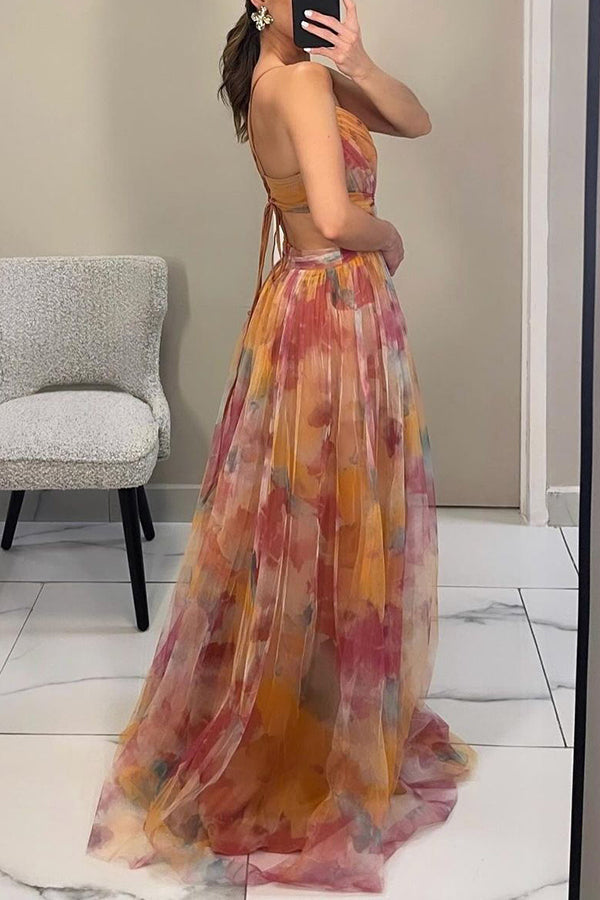 Elegant Watercolor Floral Maxi Dress for Women with V Neck Sleeveless Wrap Waist Flowing Formal Wedding Guest Style