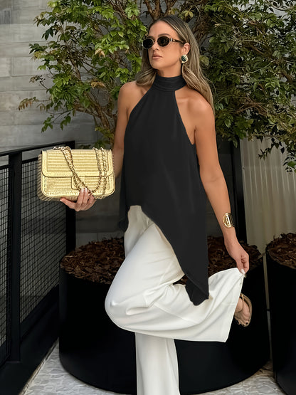 Effortless Chiffon Halter Blouse for Women with High Neck Sleeveless Asymmetric Hem Flowing Style