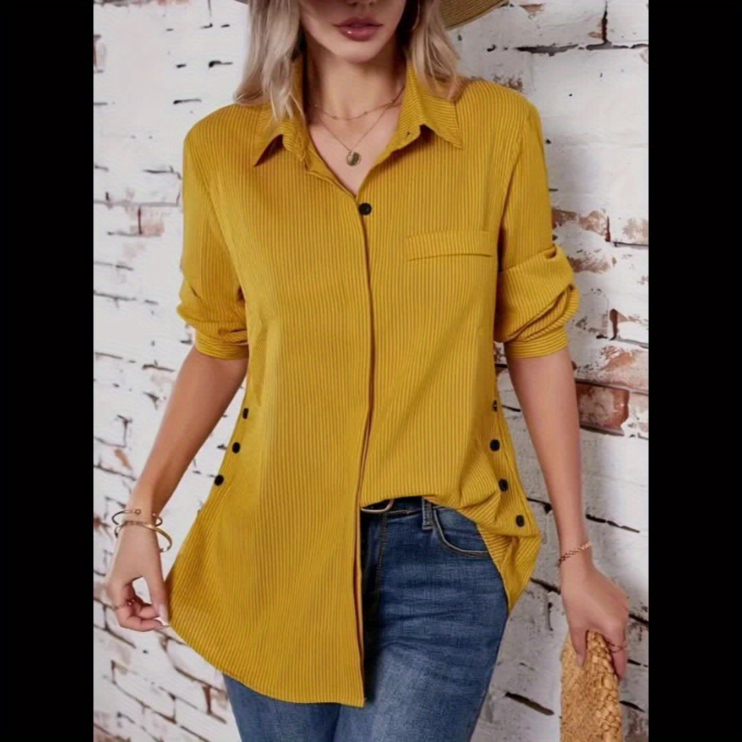 Effortless Striped Blouse for Women with Collar Long Sleeve Side Button Relaxed Style