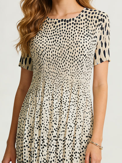 Bohemian Style Fashion Polka Dot Print Pleated Dress, High-waisted Ruffled Skirt with Good Inclusivity, Over-the-knee Mid-length 1pc Dress, Seamless Waist, Super Stretch with Instant Rebound, Simple Commuter Style, Suitable for 40.82-81.65 KG