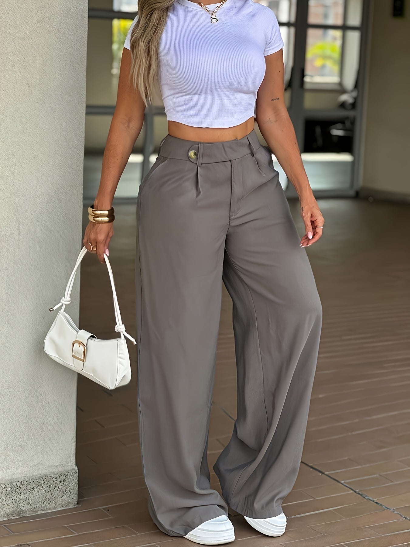 Effortless Wide Leg Pants for Women with High Waist Pleated Button Tab Relaxed Casual Style