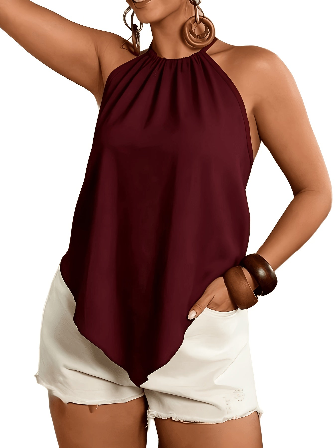 Effortless Halter Top for Women with Sleeveless Handkerchief Hem Tie Back Flowing Tank Style