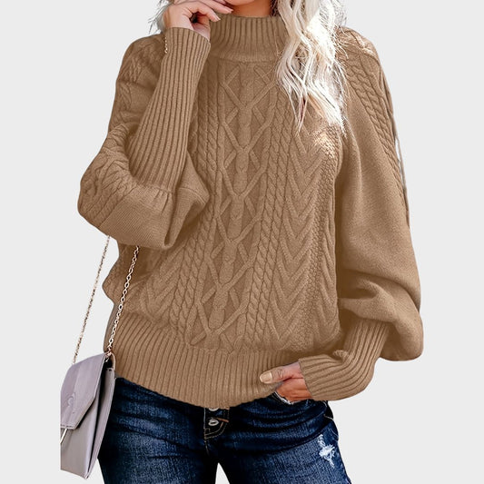 Comfortable Cable Knit Sweater for Women with Mock Neck Balloon Sleeve Oversized Relaxed Style