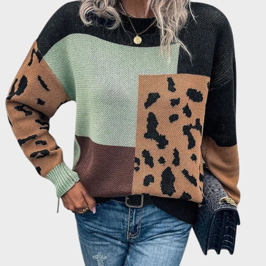 Comfortable Leopard Colorblock Sweater for Women with Crew Neck Long Sleeve Relaxed Oversized Knit Style