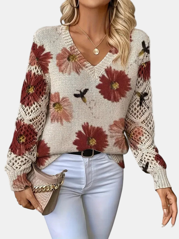 Comfortable Floral Crochet Sweater for Women with V Neck Balloon Sleeve Lace Panel Oversized Knit Style