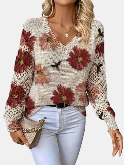 Comfortable Floral Crochet Sweater for Women with V Neck Balloon Sleeve Lace Panel Oversized Knit Style