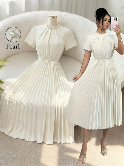 ZLLZ Trendy Summer New Style Women'S Solid Color Teardrop Back Collar Light Luxury Pearl Button Decoration with Waist-Cinching Pleated A-Line Design, Fashionable And, Women'S Fashion Dress Party Elegant Style Dress