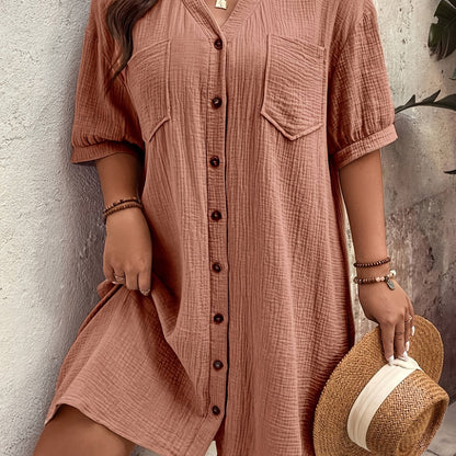 Effortless Textured Cotton Shirt Dress for Women with Collared V Neck Half Sleeve Button Front Relaxed Casual Style