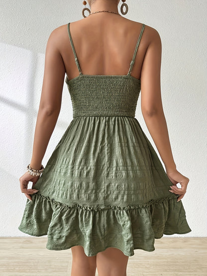 Effortless Smocked Mini Dress for Women with Square Neck Spaghetti Strap Tiered Ruffle Bohemian Style