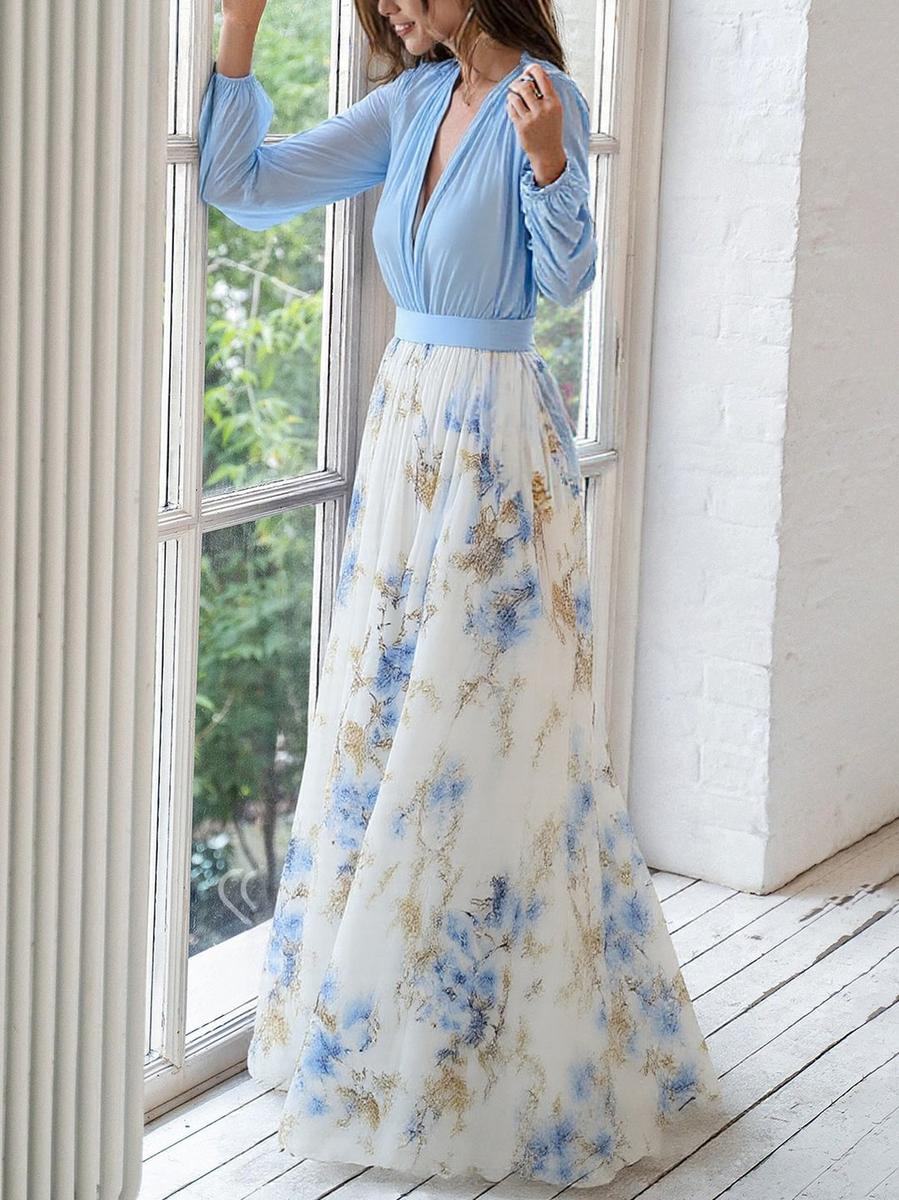 Elegant Blue Floral Maxi Dress for Women with V Neck Bishop Sleeve Contrast Bodice Flowing Wedding Guest Style