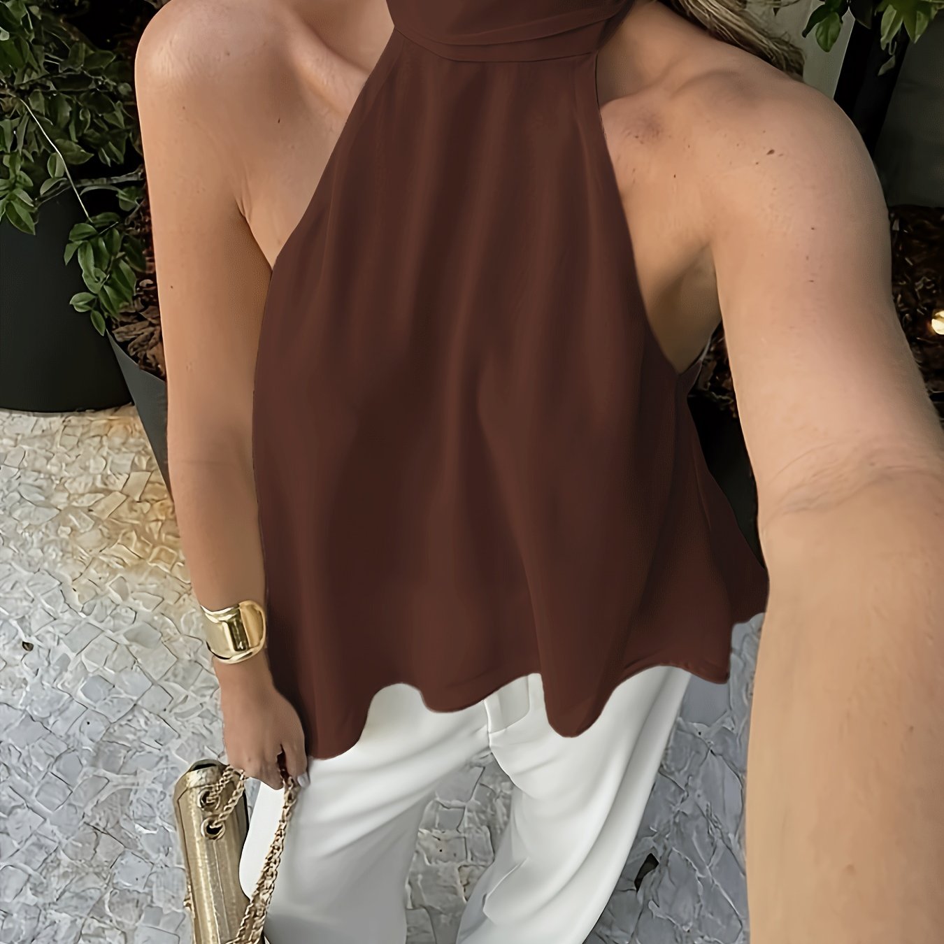 Effortless Chiffon Halter Blouse for Women with High Neck Sleeveless Asymmetric Hem Flowing Style