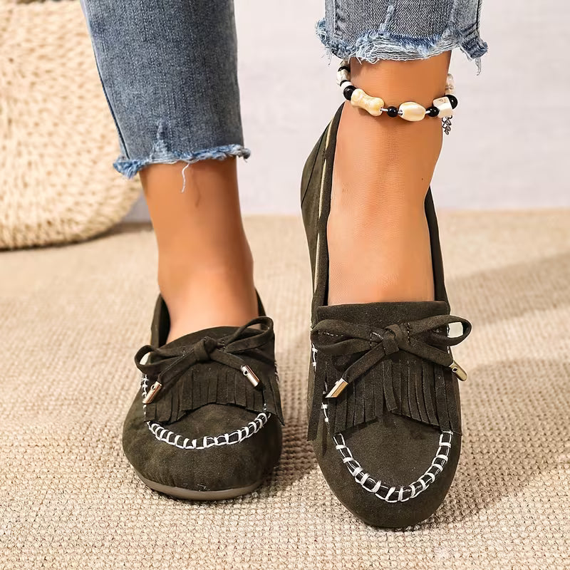 Comfortable House Shoes for Women with Fringe Bow Suede Moccasin Slip On Style