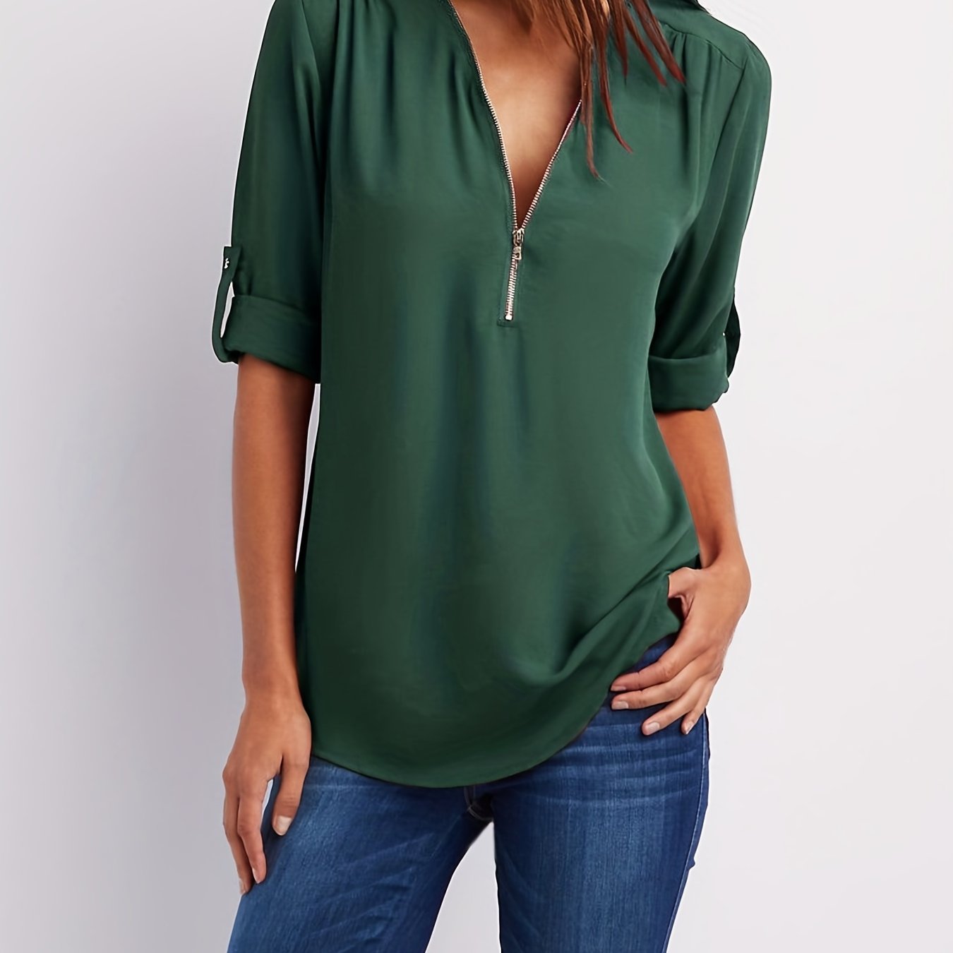 Effortless Zip Front Blouse for Women with V Neck Roll Tab Sleeve Relaxed Tunic Style