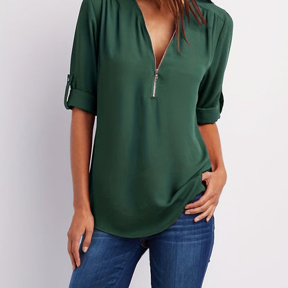 Effortless Zip Front Blouse for Women with V Neck Roll Tab Sleeve Relaxed Tunic Style