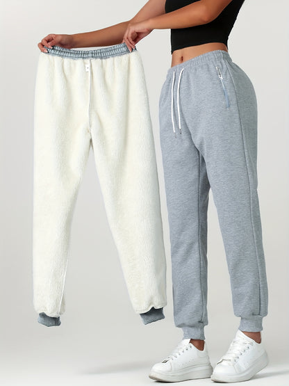 1pc of Autumn/winter Women's Long Pants, -lined Warm Casual Sweatpants for Women, Featuring an Elastic Drawstring Waist, Angled High Quality Zippered Pockets, and Windproof Thermal Cuffed Pants, Suitable for Daily Winter Wear at Home