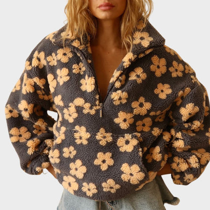 Comfortable Floral Sherpa Pullover for Women with Collar Quarter Zip Long Sleeve Oversized Style