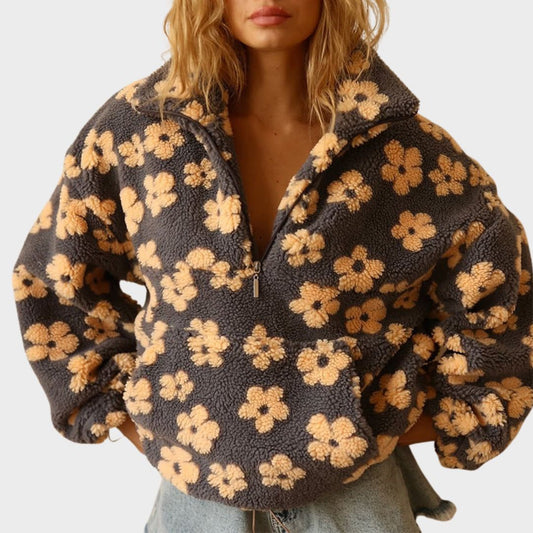Comfortable Floral Sherpa Pullover for Women with Collar Quarter Zip Long Sleeve Oversized Style